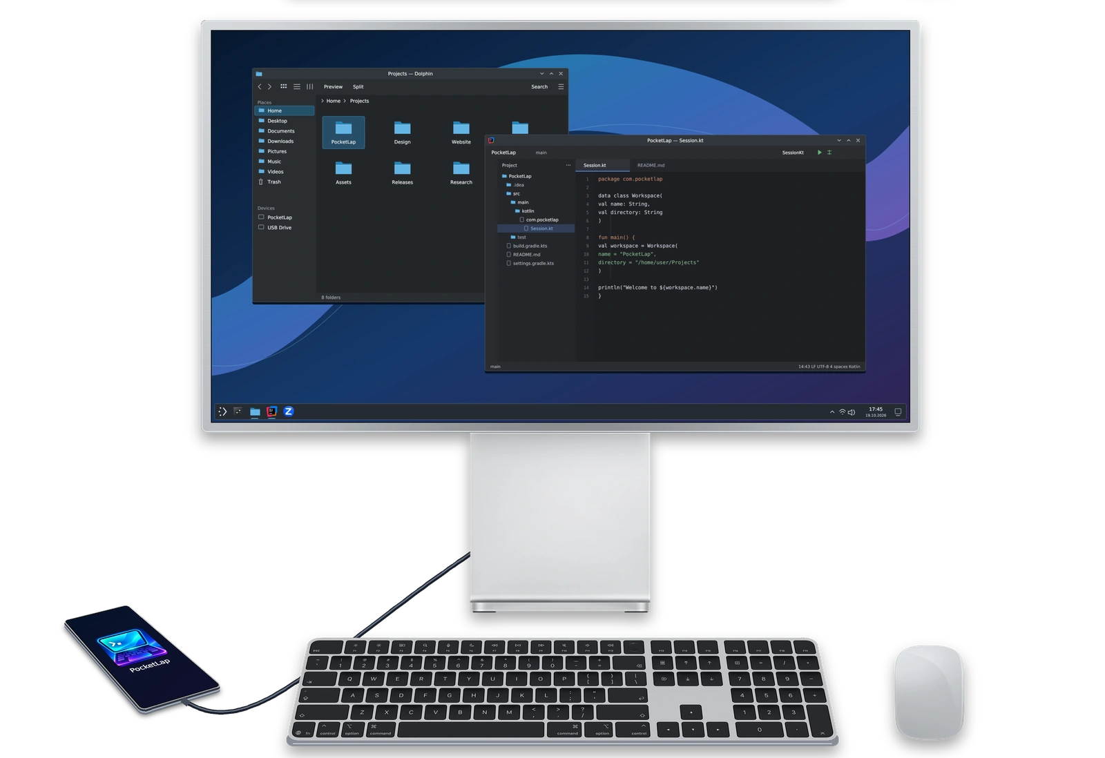 Apple Pro Display XDR с рабочим столом Plasma, лежащий на столе Samsung Galaxy S25 Ultra с логотипом PocketLap, клавиатура Magic Keyboard и мышь Magic Mouse