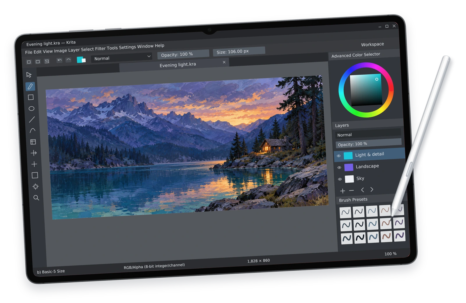 Samsung Galaxy Tab S11 Ultra с интерфейсом Krita, живописным горным пейзажем и S Pen